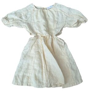 Zara Dress Light Yellow Linen Blend Side Cut Out Puff Sleeve Kids Girls Size 8